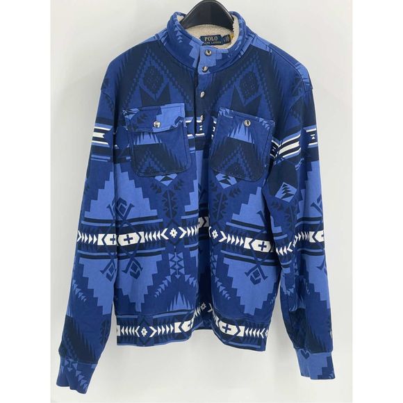 Polo Ralph Lauren Pullover Sweatshirt Men Large SouthwestFleece Mockneck Blue - Picture 1 of 12